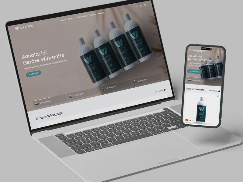 WELLCOTEC-Shop mit den Wirkstoffen auf Laptop und Smartphone, Mockup